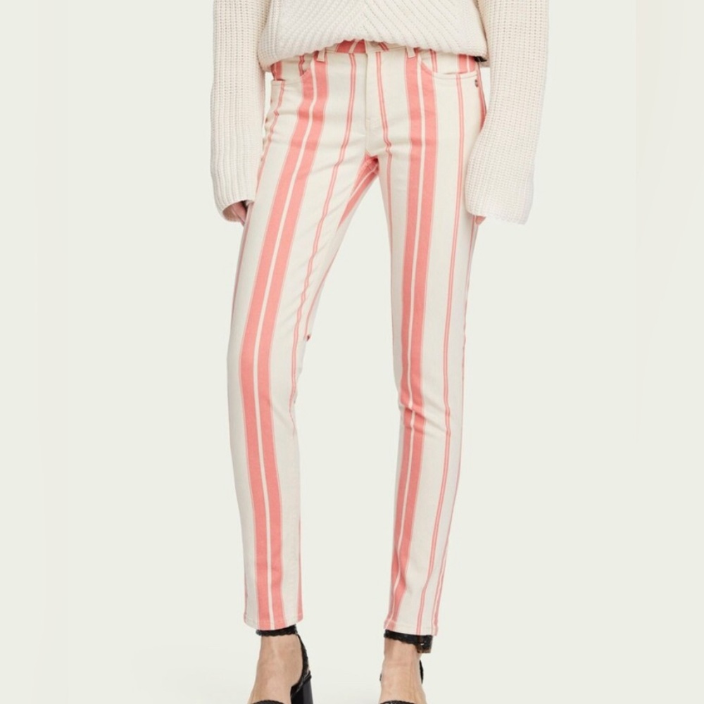 Scotch & Soda La Bohemienne Mid Rise Skinny Jeans Pink Cream Striped Denim 26 32
